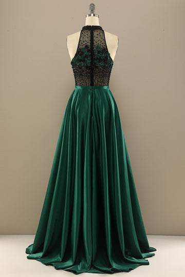 Vestido verde oscuro moldeado largo de fiesta con las flores